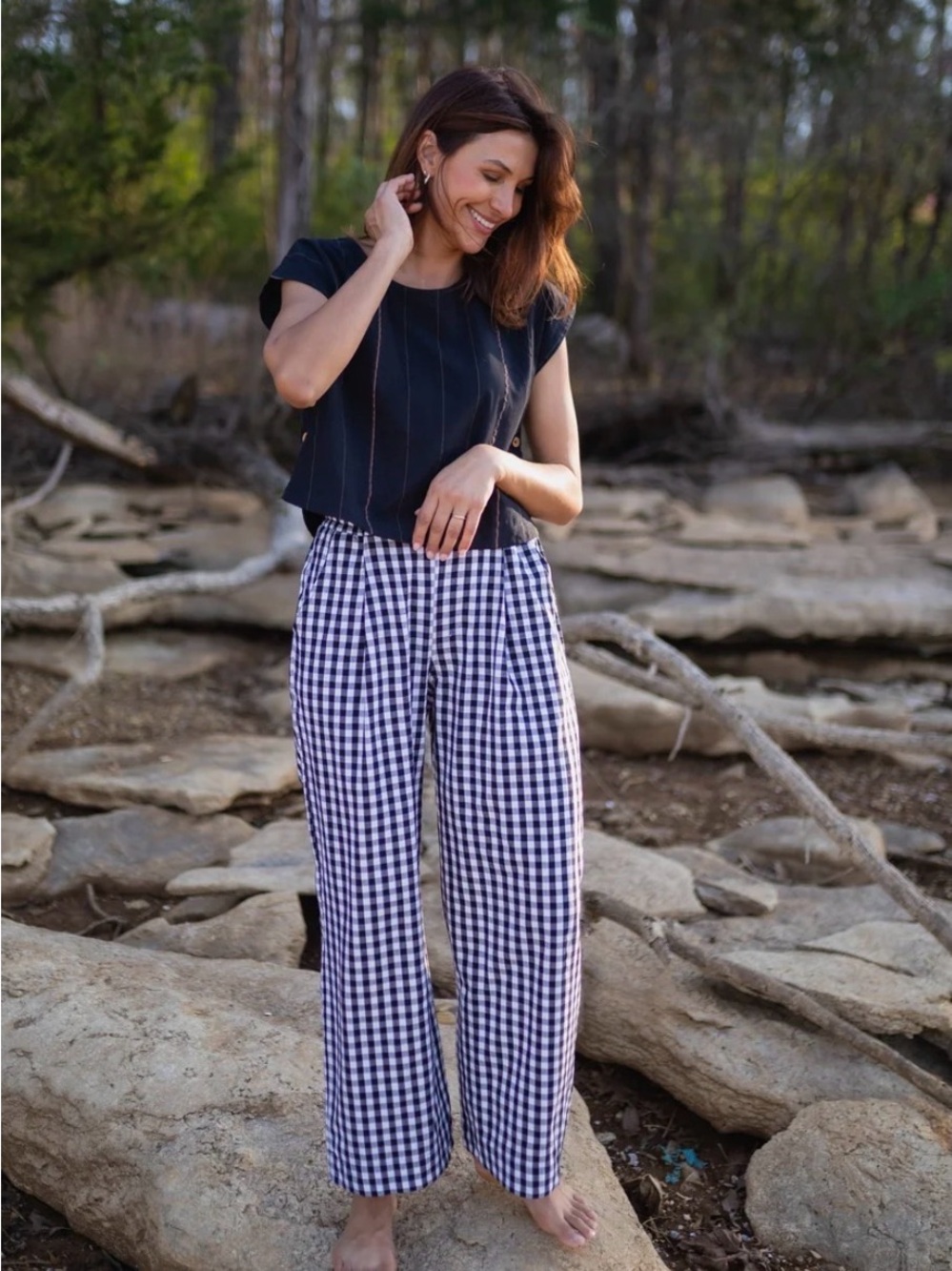 High-Rise Wide Leg Gingham Pants in Navy & White